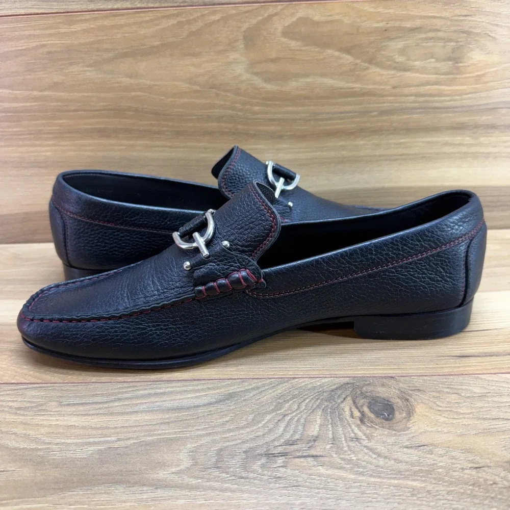 Donald J Pliner Bit Loafers Mens 11 M Black Pebble Leather Moc Toe Red Stitching